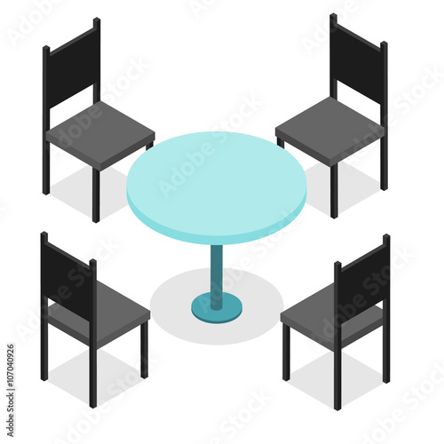 Four black chairs and blue round table. Flat isometric.