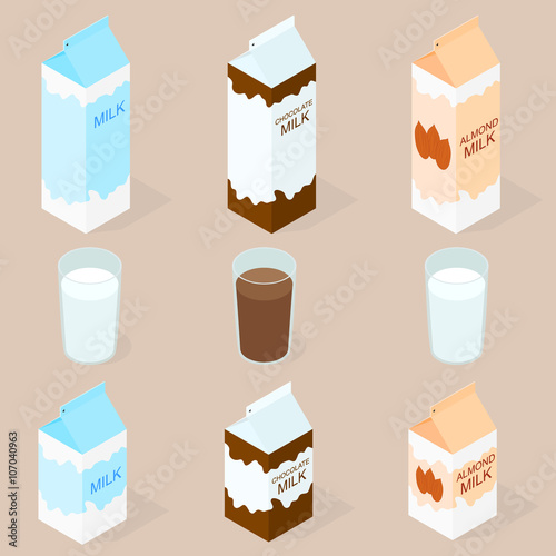 Package of almond milk, chokolate milk and cow milk. The isometr