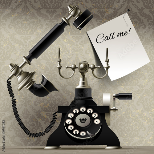 Old telephone on vintage background and a paper sheet with call. Contains the Clipping Path