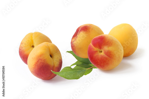 Apricots with sprig isolated on white