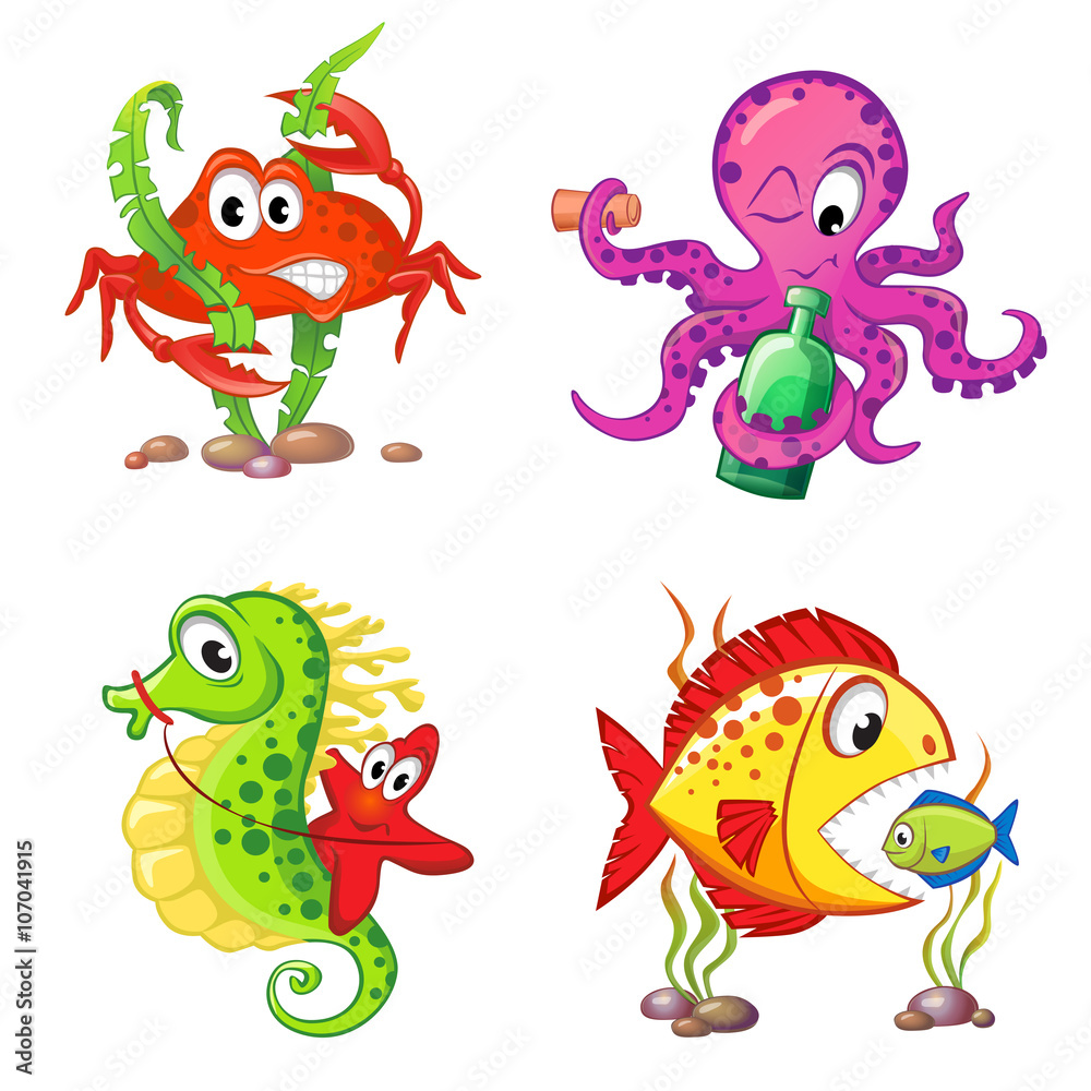 Obraz premium Set of cute cartoon sea animals isolated on white background. Crab, seahorse, starfish, octopus, fishes