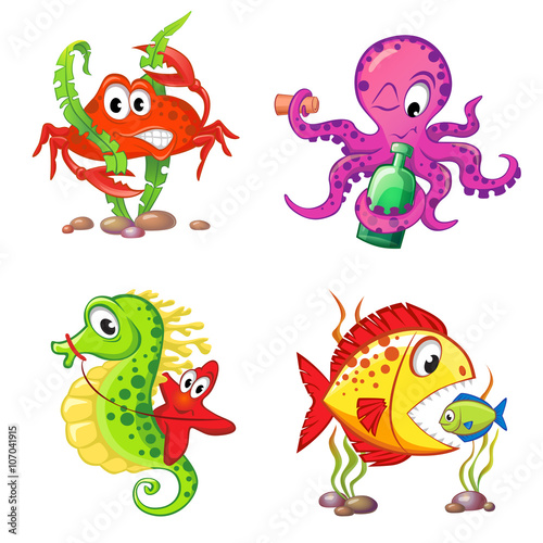 Set of cute cartoon sea animals isolated on white background. Crab, seahorse, starfish, octopus, fishes