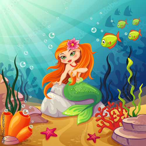 Underwater worlds with a mermaid on the rock
