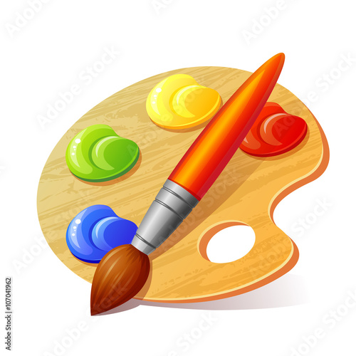Palette with paints and brush isolated on white background