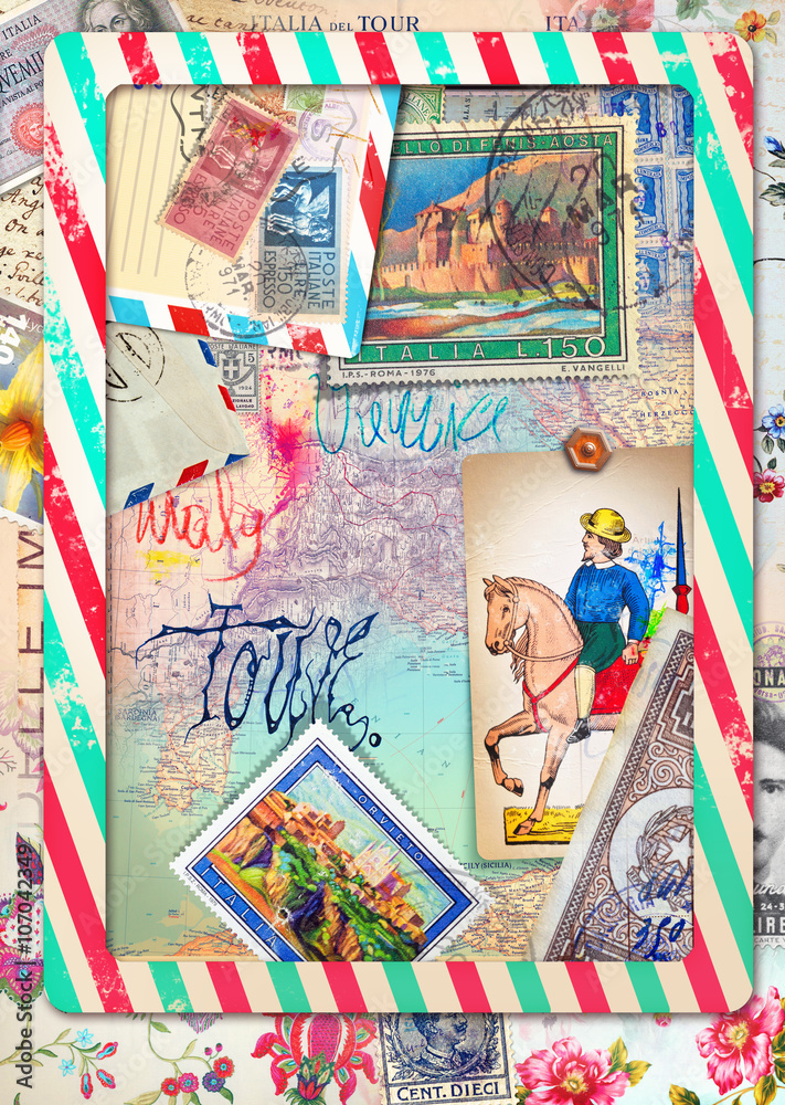 Collage papers with scraps and vintage stamps of Italy