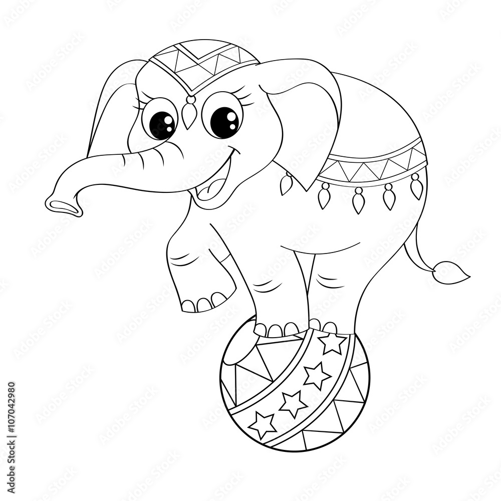 Funny cartoon circus elephant balancing on ball. Black and white vector  illustration for coloring book Stock Vector | Adobe Stock