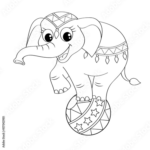 Funny cartoon circus elephant balancing on ball. Black and white vector illustration for coloring book
