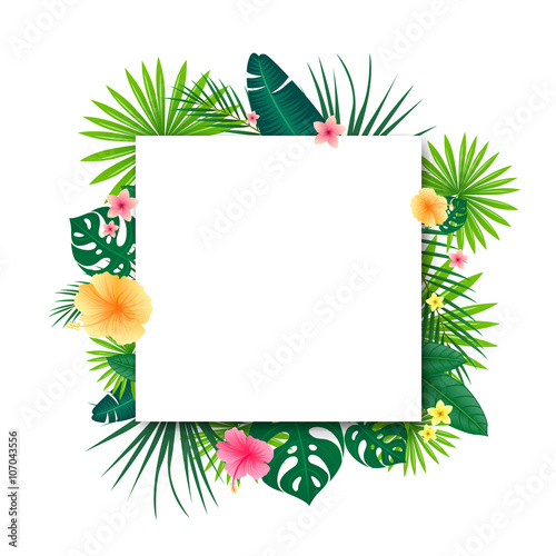 Vector Illustration of an Abstract Background with Tropical Leaves and Flowers
