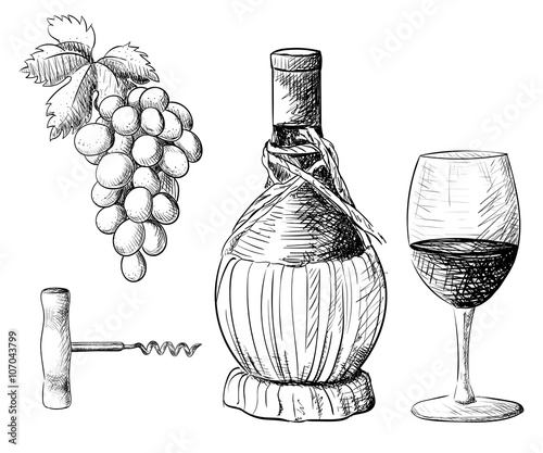 Wine collection. Vector illustration with wine barrel, wine glass, grapes, grape twig.Hand draw vector.