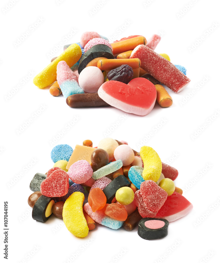 Pile of multiple different candies isolated