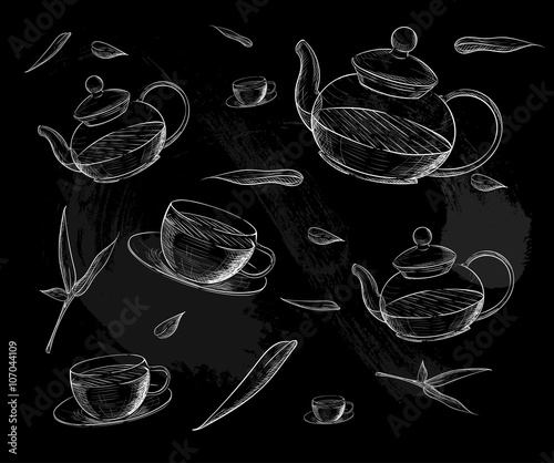 Tea collection. Hand draw vector illustration. Tea time. tea cup, teapot