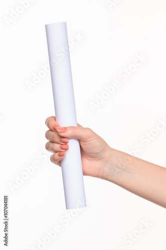 The cylinder female hands on white background