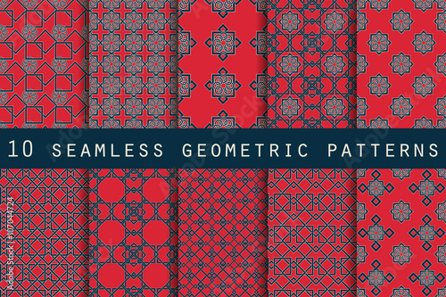 Set of 10 geometric seamless pattern. The pattern for wallpaper, tiles, fabrics and designs. Vector.