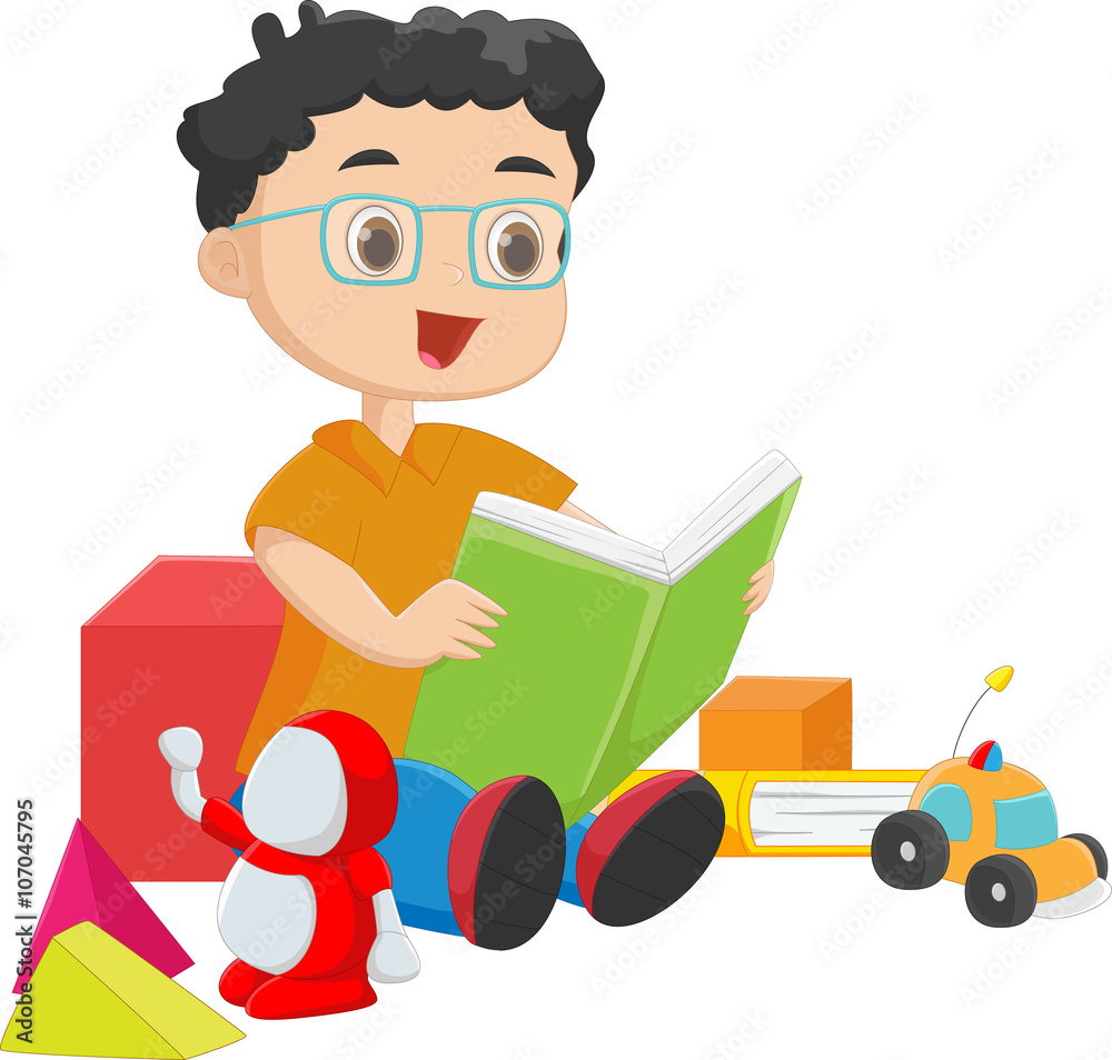 cute boy reading a book with toys