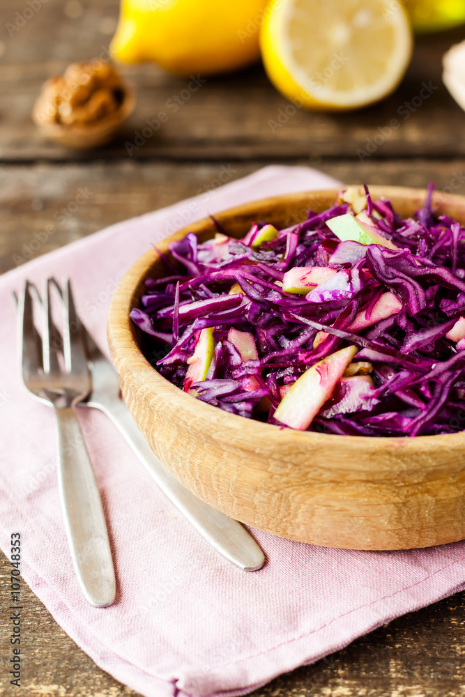 salad of red cabbage, apples and walnuts