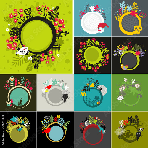 Set of round banners with floral background.