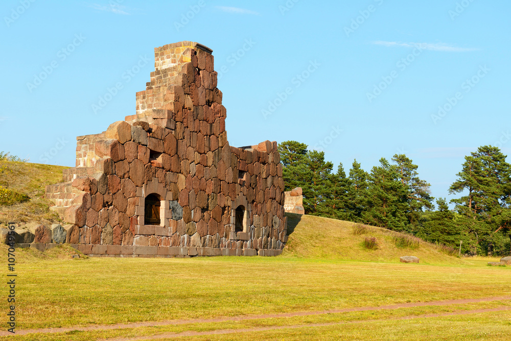 Ruins of the fortress Bomarsund (1832-1854). Remains of military fortifications in the field