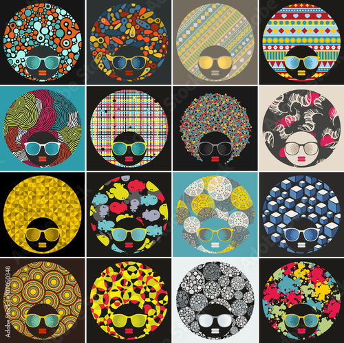 Set with pretty abstract faces of black women with creative hair.