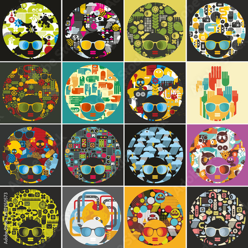 Abstract faces of modern black skin girls. Set of vector illustrations.