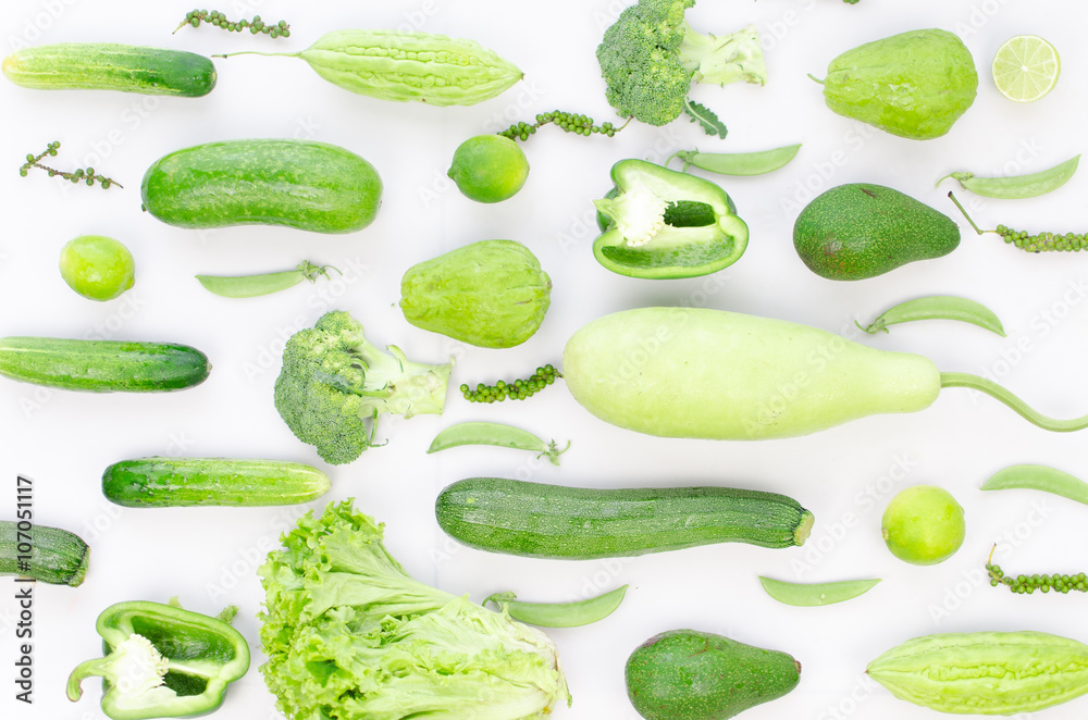 Collection of fresh green vegetables on white background Collection of fresh green vegetables on white background