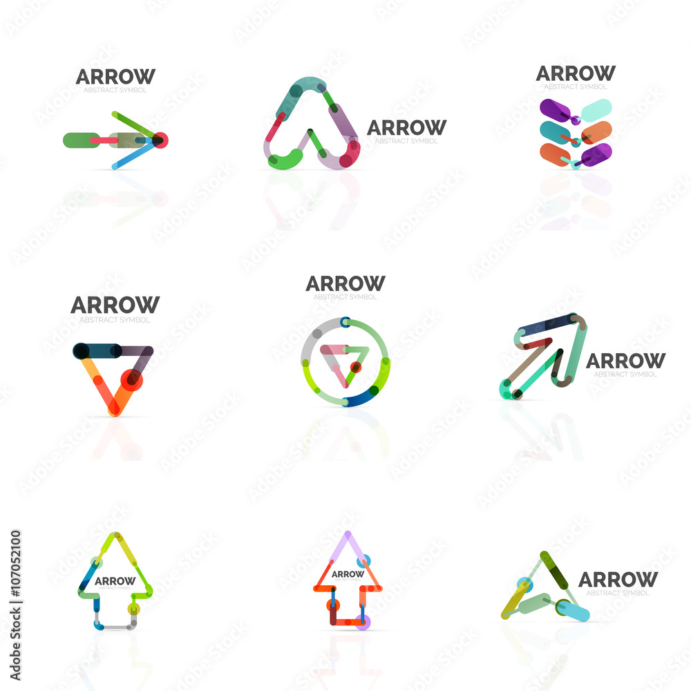 Set of linear arrow abstract logos, connected multicolored segments lines in directional pointer figures
