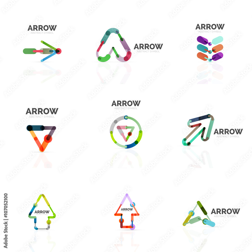 Set of linear arrow abstract logos, connected multicolored segments lines in directional pointer figures Set of linear arrow abstract logos, connected multicolored segments lines in directional pointer figures