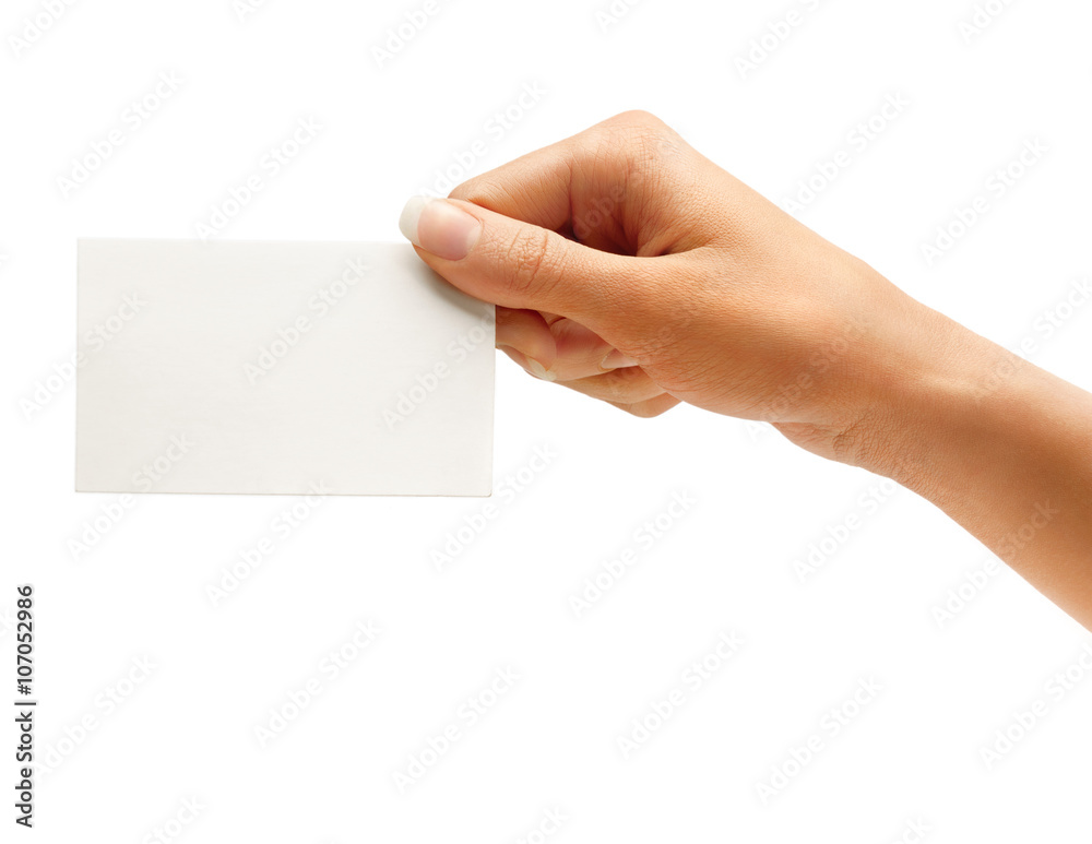 Hand hold blank business card isolated on white background. Close up Hand hold blank business card isolated on white background. Close up