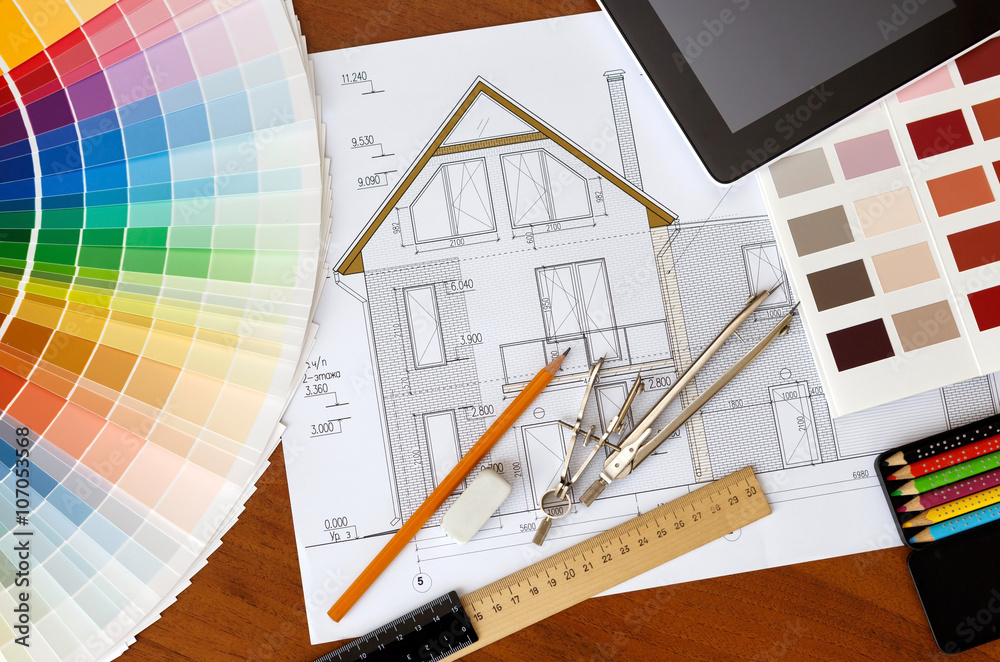 Poster architectural drawing, Two color palette guide, pencils and rule ...
