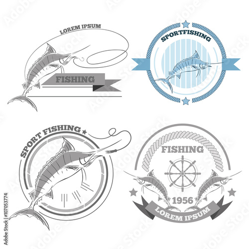 Labels of marlin fishing emblems badges design elements eps 10