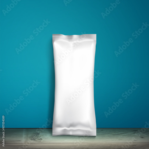 Blank white packaging. Sample package. Blank template for design. Net packaging is on shelf. Mockup Foil Food Snack pack, packaging or wrapper. Plastic Pack Template for design and branding. Blue wall
