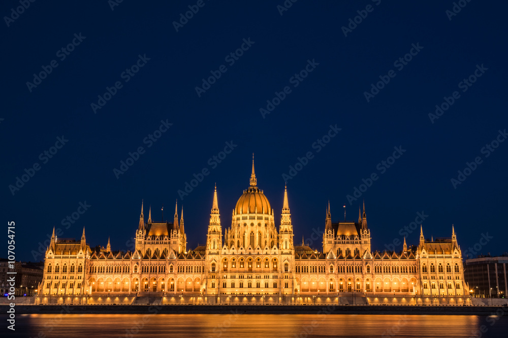 Budapest Parliament building in blue hour, illuminated 