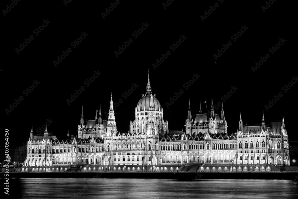 Budapest Parliament building illuminated black&white