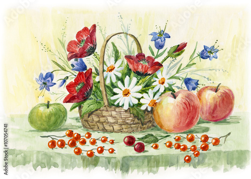 still life of daisies, poppies, cornflowers, fruit and berries