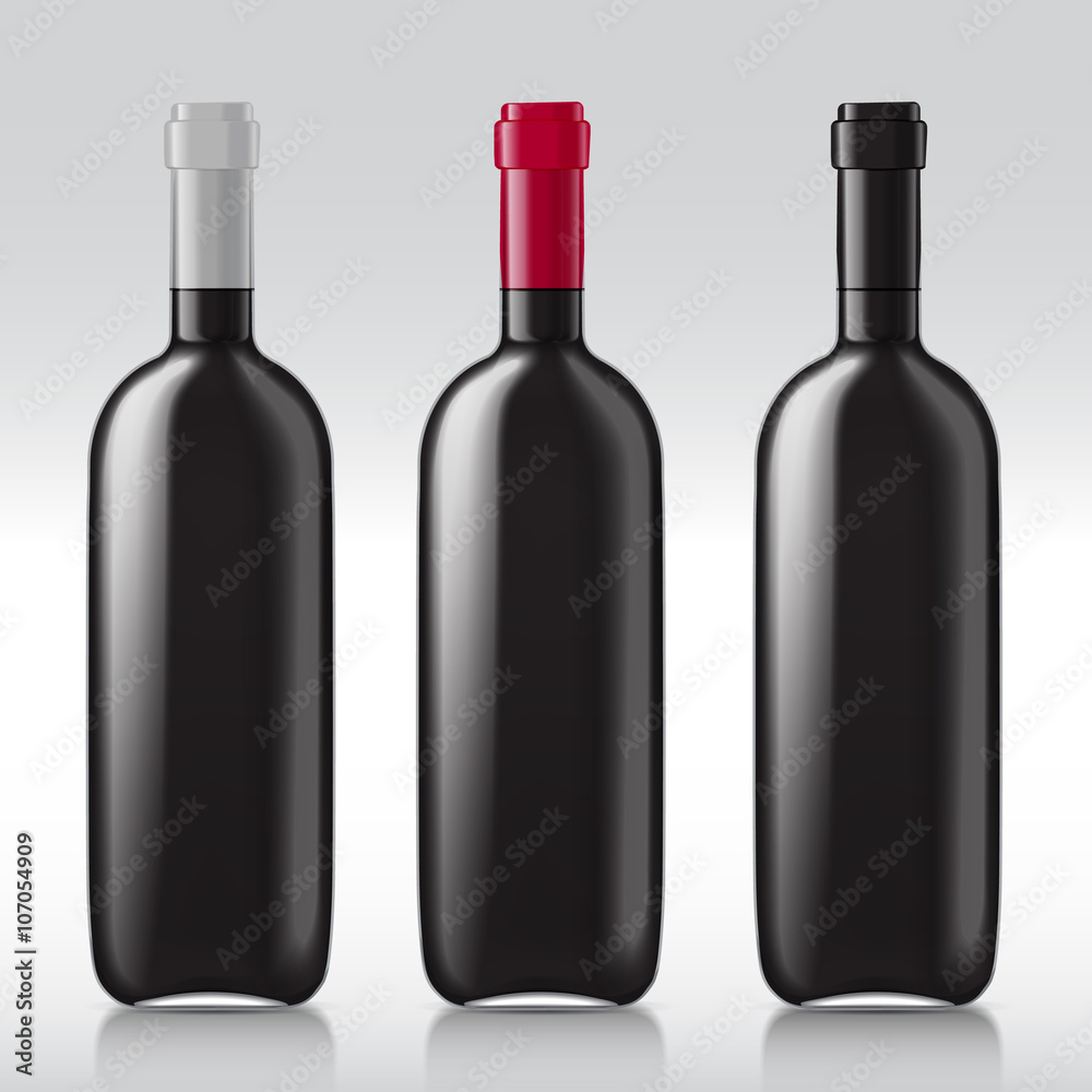 Patterns of black empty wine bottles. Set of realistic bottles ready for a sample of your design. illustration. Patterns of black empty wine bottles. Set of realistic bottles ready for a sample of your design. illustration.