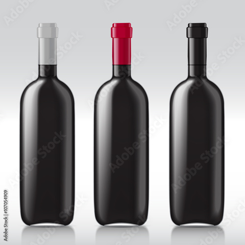 Patterns of black empty wine bottles. Set of realistic bottles ready for a sample of your design. illustration.