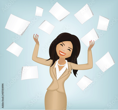 vector image of a businesswoman throwing papers.