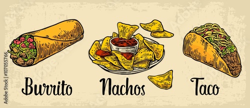 Mexican traditional food set with text message, burrito, tacos, chili, tomato, nachos. Vector vintage engraved illustration for menu, poster, web. Isolated on beige background.