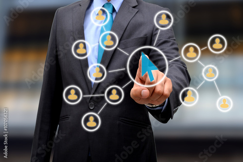 Business man Clicking on Networking Virtual Illustrated Screen