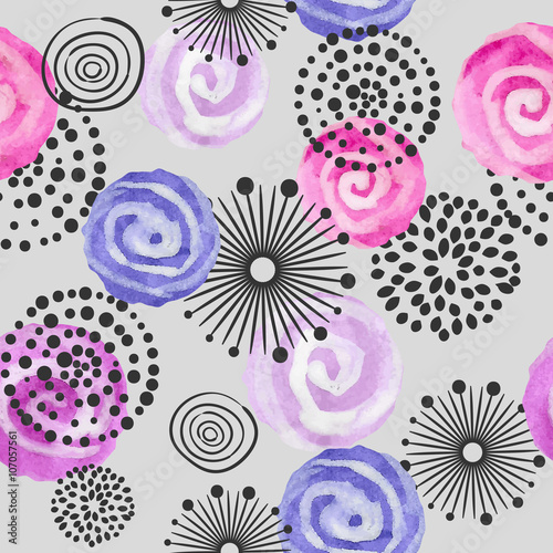 Watercolor circles seamless pattern. Abstract floral vector background. 