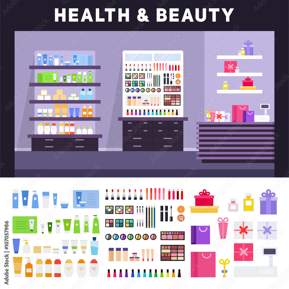 Beauty store with cosmetics on the shelves