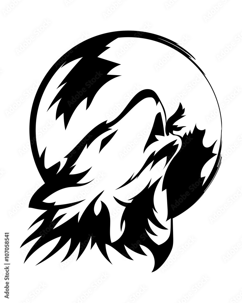 Fototapeta premium Wolf howling up to the moon.Beautiful wolf tattoo.Vector wolf's head as a design element on isolated background