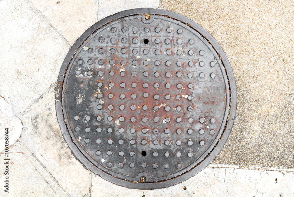 Rusty, grunge manhole cover in original background, NOT isolated