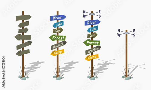 Set of the navigation poles. 3D lowpoly isometric vector illustration. The set of objects isolated against the white background and shown from one side