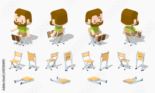 Folding chair. 3D lowpoly isometric vector illustration. The set of objects isolated against the white background and shown from different sides