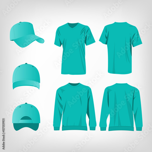 Sport turquoise t-shirt, sweater and baseball cap isolated set vector