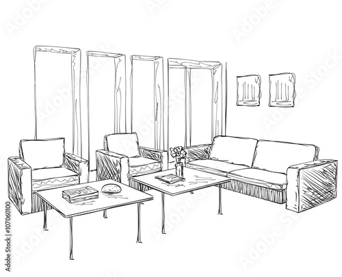 Modern interior room sketch. Hand drawn furniture.