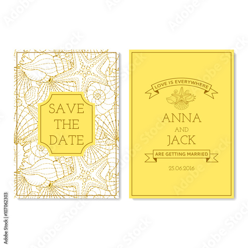 Set of wedding invitation cards with glitter seamless pattern. The unusual Vector cards with seamless background with gold seashells and starfishes. Abstract vector summer background on a sea subject.
