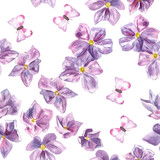 A seamless watercolor pattern with hand drawn watercolor purple flowers and butterflies