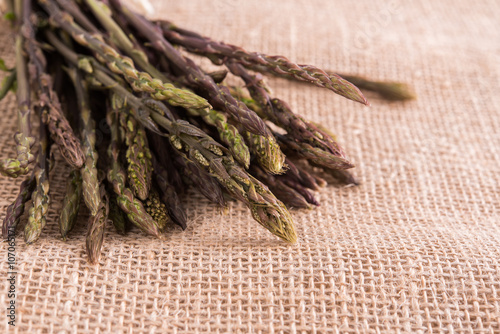 Fresh sprouts of wild asparagus on sacking, closeup