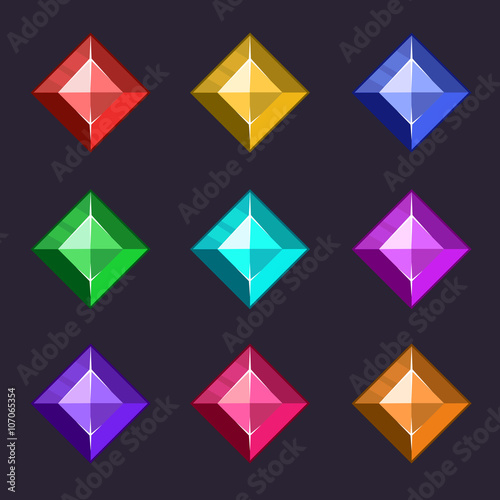 Cartoon vector gems icons set in different colors